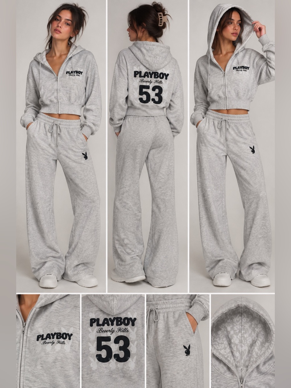 New Playboy Beverly Hills 1953 Gray Cropped Zip Hoodie Bunny Logo, Small